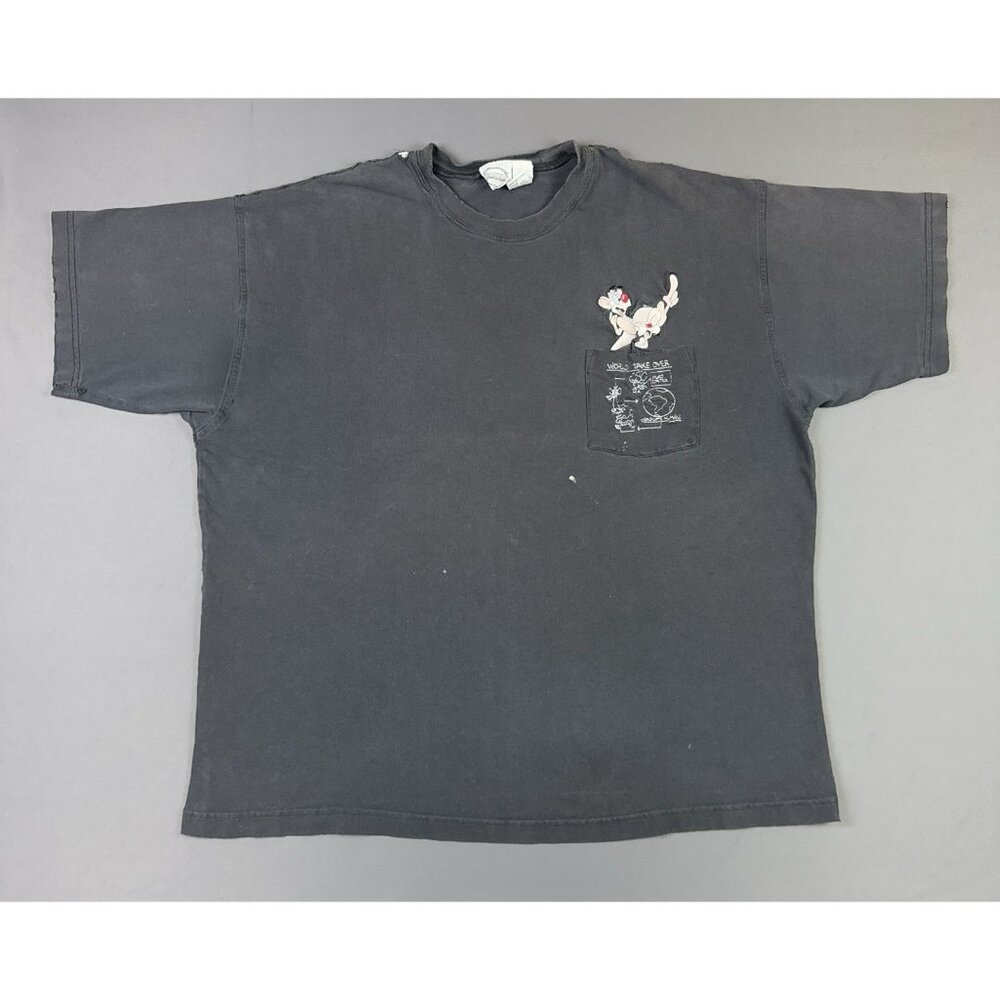 Vintage 90s Animaniac Pinky And The Brain Pocket Shirt 2XL Black TV Cartoon Show